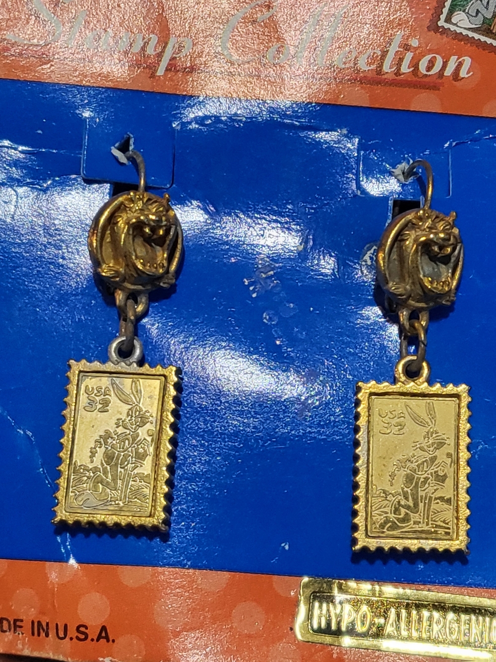 Vtg 1997 Looney Tunes Bugs Bunny Stamp Drop Earrings Original Usps Card